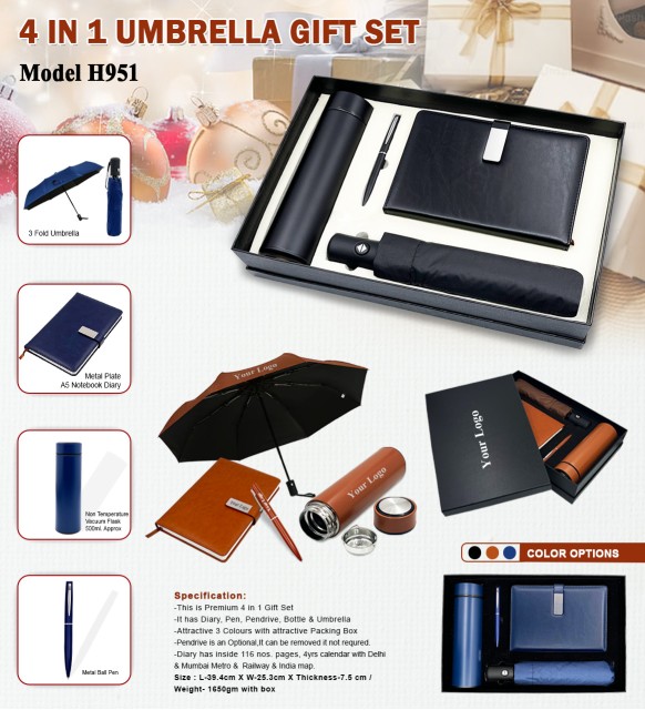 4 in 1 umbrella gift set model h951 3 fold umbrella, metal plate, vaccum flask and metal ball pen